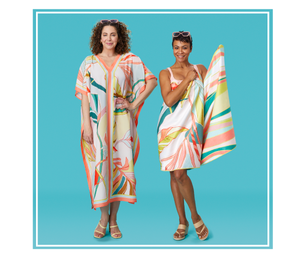 ladies wearing a caftan and beach towel 